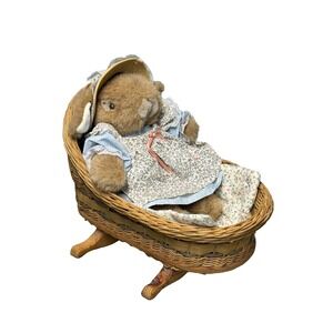 Vintage Woven Wicker Doll Basket Bassinet Cradle w/1988 Unipack Bunny & Blanket